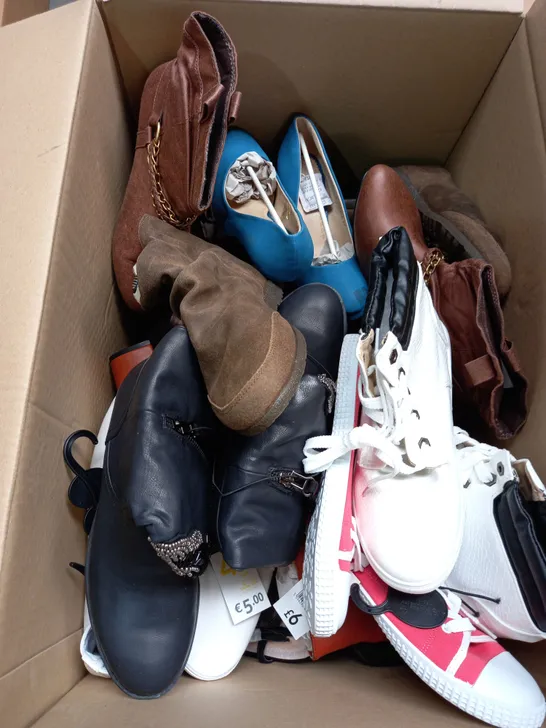 BOX OF APPROX 10 PAIRS OF ASSORTED WOMENS SHOES IN VARIOUS COLOURS, STYLES AND SIZES