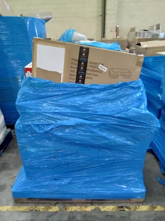 PALLET OF ASSORTED ITEMS INCLUDING AEROBIC STEP, CANON PIXMA PRINTER, RECORD PLAYER, BRACKET ROLLER BLIND, LAUNDRY HAMPER