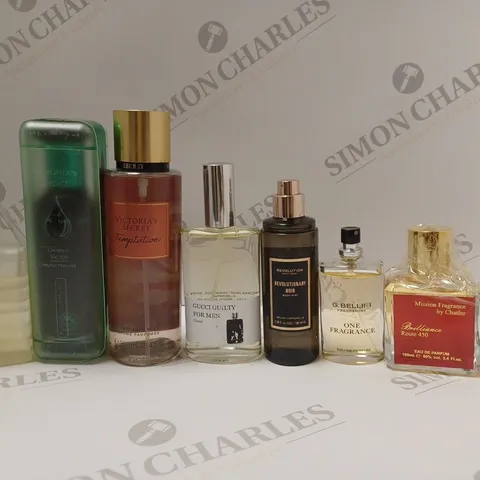 BOX OF APPROX 8 ASSORTED UNBOXED FRAGRANCES TO INCLUDE REVOLUTION REVOLUTIONARY NOIR BODY MIST, CHATLER MISSION FRAGRANCE BRILLIANCE ROUGE 450 EAU DE PARFUM, YVES SAINT LAURENT MON PARIS EAU DE PARFUM