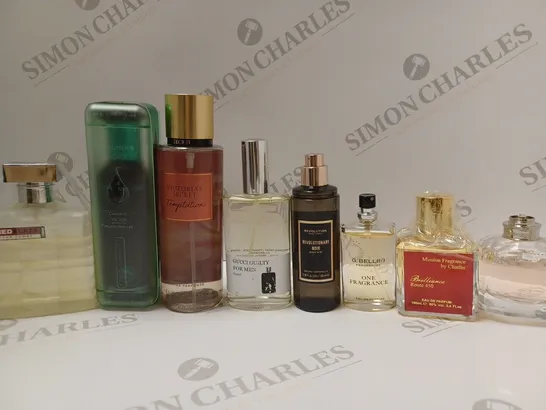 BOX OF APPROX 8 ASSORTED UNBOXED FRAGRANCES TO INCLUDE REVOLUTION REVOLUTIONARY NOIR BODY MIST, CHATLER MISSION FRAGRANCE BRILLIANCE ROUGE 450 EAU DE PARFUM, YVES SAINT LAURENT MON PARIS EAU DE PARFUM