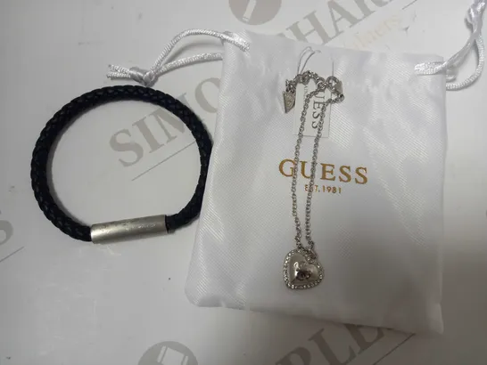 BOX OF 2 ITEMS TO INCLUDE GUESS THATS AMORE LADIES BRACELET AND BOSS BRAIDED LEATHER BLACK AND SILVER BRACELET RRP £88