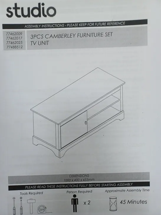 BOXED STUDIO 3 PIECE CAMBERLEY FURNITURE SET TV UNIT CREAM AND OAK 100X40X45.5CM- COLLECTION ONLY