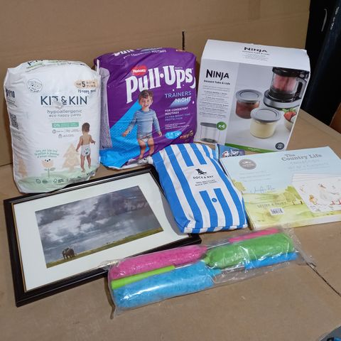 LOT OF APPROX 10 ASSORTED HOUSEHOLD ITEMS TO INCLUDE NIGHTTIME PULLUPS, NINJA DESSERT TUBS, PHOTO FRAME, ETC