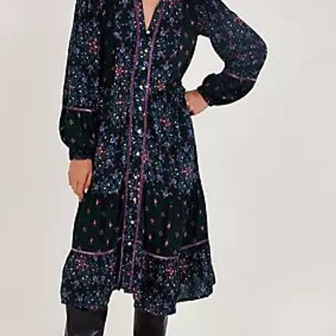 MONSOON SUZETTE VELVET TRIM DRESS BLACK MULTI LARGE