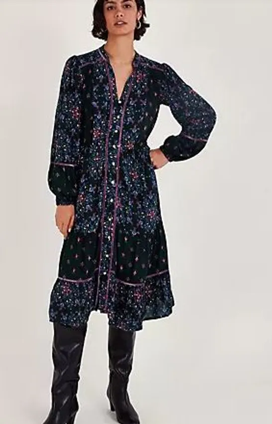 MONSOON SUZETTE VELVET TRIM DRESS BLACK MULTI LARGE