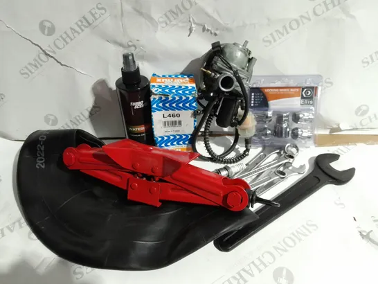 APPROXIMATELY 20 ASSORTED ITEMS TO INCLUDE SCISSOR JACK, OIL FILTER, CARBURETTOR, SPANNERS, LOCKING WHEEL NUTS, CAR AIR FRESHENER ETC.  