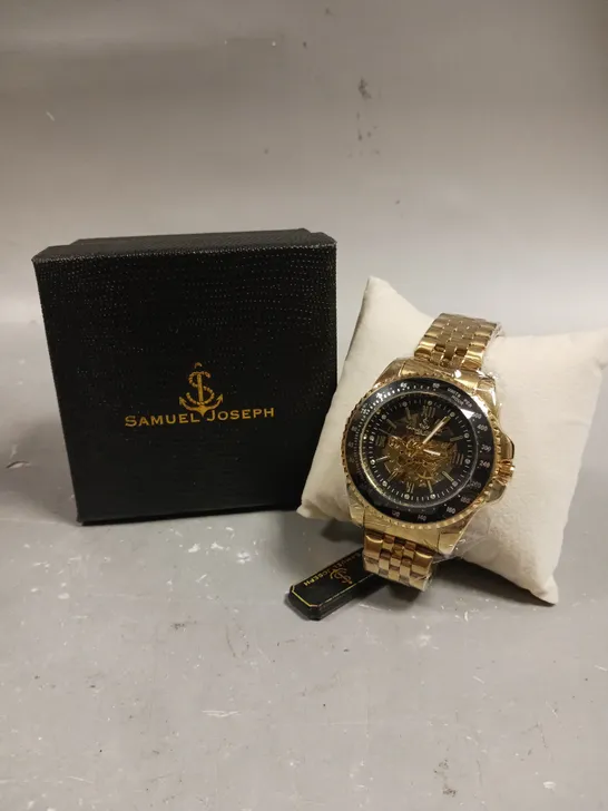 SAMUEL JOSEPH SKELETON MECHANISM GOLD COLOUR CASE WATCH 