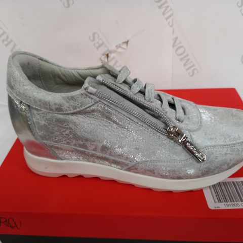 BOXED PAIR OF RUTH LANGSFORD SILVER WEDGE TRAINERS - SIZE 38