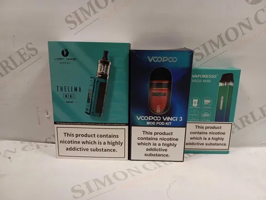 LOT OF APPROXIMATELY 25 ASSORTED E-CIGARETTES AND LIQUIDS TO INCLUDE LOST VAPE QUEST THELEMA MINI, VOOPOO VINCI 3 MOD, VAPORESSO XROS MINI, ETC