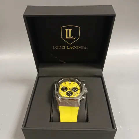 MENS LOUIS LACOMBE CHRONGRAPH WATCH – 3 SUB DIALS – SILVER COLOUR CASE – YELLOW RUBBER STRAP