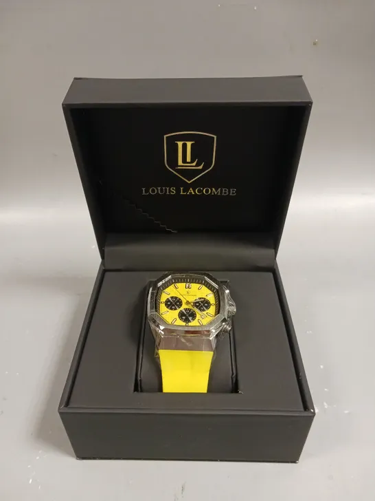 MENS LOUIS LACOMBE CHRONGRAPH WATCH – 3 SUB DIALS – SILVER COLOUR CASE – YELLOW RUBBER STRAP