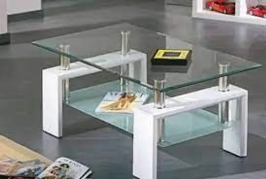 BRAND NEW & BOXED ALVA GLASS COFFEE TABLE WITH UNDERSHELF AND WHITE LEGS (2 BOXES)