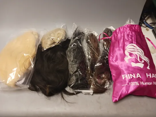 BOX OF ASSORTED HAIR EXTENSION OF VARIOUS COLOURS, LENGTHS, AND STYLES 