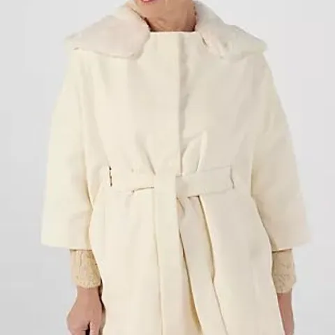 WYNNE COLLECTION DRAMA PONCHO COAT WITH FAUX FUR COLLAR CREME FRAICHE MEDIUM