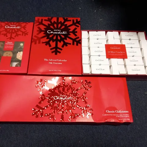 4 ASSORTED HOTEL CHOCOLAT PRODUCTS TO INCLUDE; CLASSIC CHRISTMAS, THE ADVENT CALENDER AND 10 MINI CRACKERS