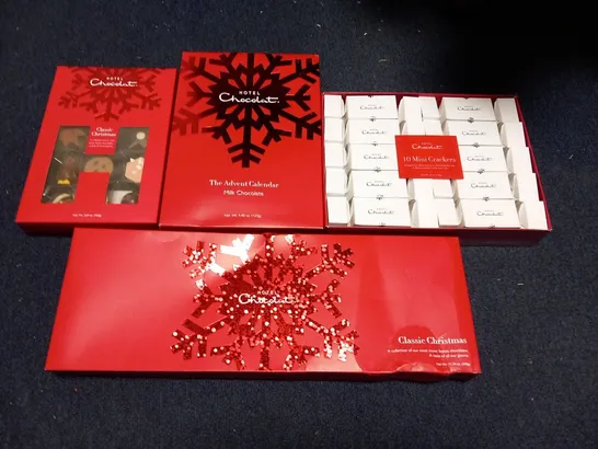 4 ASSORTED HOTEL CHOCOLAT PRODUCTS TO INCLUDE; CLASSIC CHRISTMAS, THE ADVENT CALENDER AND 10 MINI CRACKERS