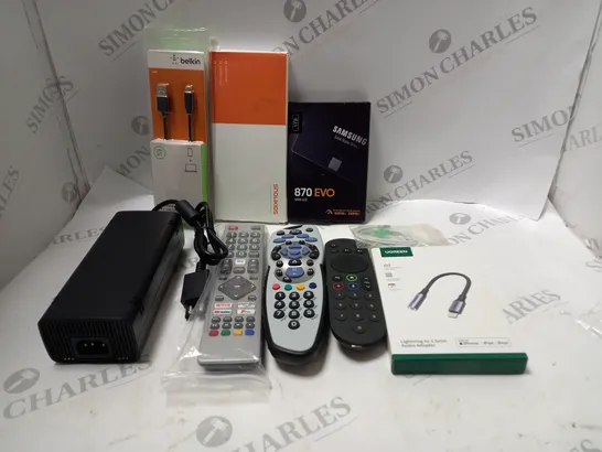 LOT OF ASSORTED ELECTRICAL ITEMS TO INCLUDE REMOTE CONTROLS, AUDIO ADAPTER AND USB CABLE 