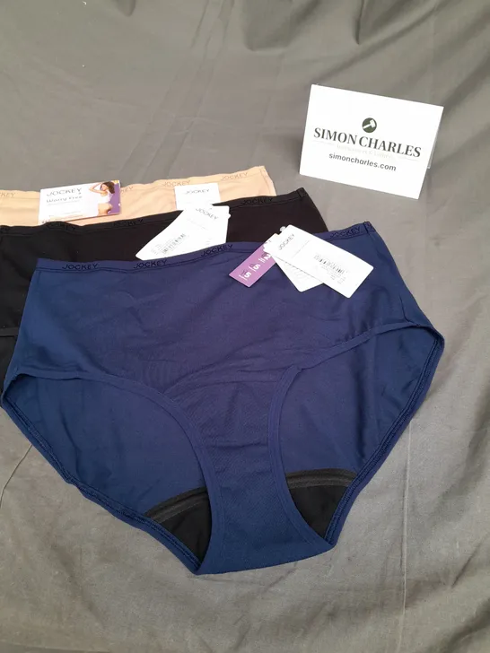 PACK OF 3 JOCKEY LADIES WORRY FREE PERIOD UNDERWEAR. BLUE, BLACK AND NUDE SIZE L
