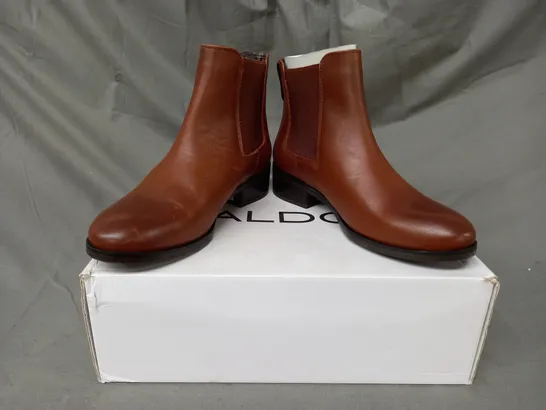 BOXED PAIR OF ALDO MEAVEN LEATHER ANKLE BOOTS IN BROWN UK SIZE 4