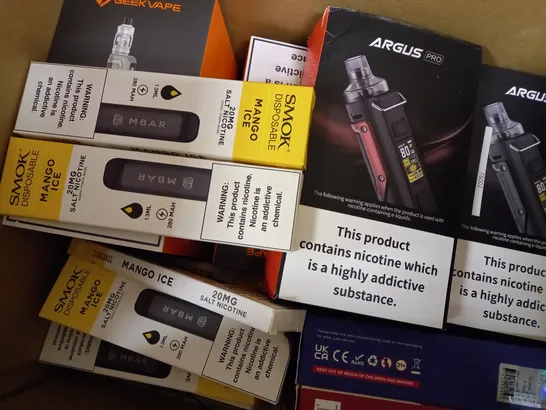 APPROXIMATELY 20 ASSORTED BOXED VAPING PRODUCTS TO INCLUDE GEEKVAPE M100, VOOPOO ARGUS PRO, VAPORESSO GTX GO 80 ETC. 