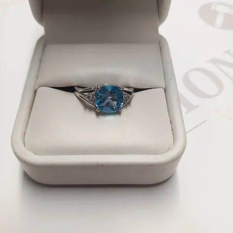 DESIGNER 9CT WHITE GOLD RING SET WITH BLUE TOPAZ AND DIAMONDS WEIGHING +2.06CT