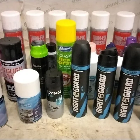 2 TOTES OF ASSORTED AEROSOLS INCLUDING BABY POWDER, DEODORANT, ENAMEL SPRAY PAINT, ROOM FOGGER, FLEA SPRAY AND ADHESIVE SPRAY 