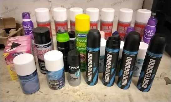 2 TOTES OF ASSORTED AEROSOLS INCLUDING BABY POWDER, DEODORANT, ENAMEL SPRAY PAINT, ROOM FOGGER, FLEA SPRAY AND ADHESIVE SPRAY 