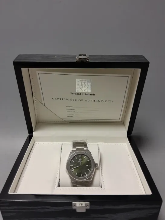 BOXED BERNARD REINHARDT SWISS MOVEMENT WATCH WITH GREEN DIAL 