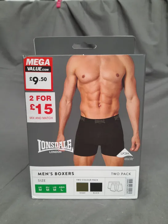 BOXED LONSDALE 2 PACK OF BOXER - BLACK/KHAKI - MEDIUM