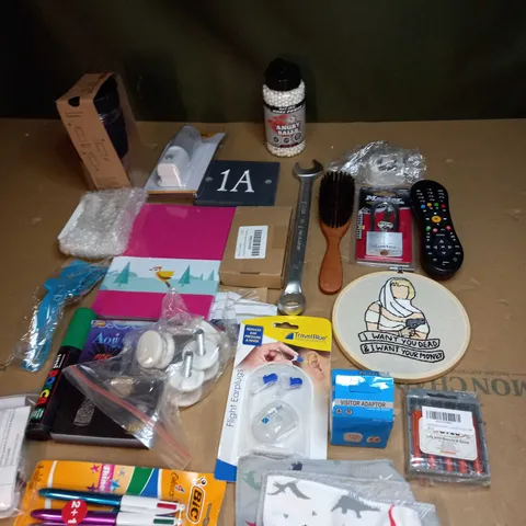 LOT OF ASSORTED ITEMS TO INCLUDE REMOTE CONTROLS, FLIGHT EARPLUGS AND BIC PENS 