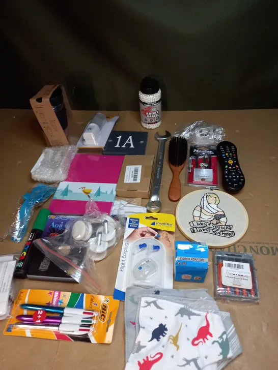 LOT OF ASSORTED ITEMS TO INCLUDE REMOTE CONTROLS, FLIGHT EARPLUGS AND BIC PENS 