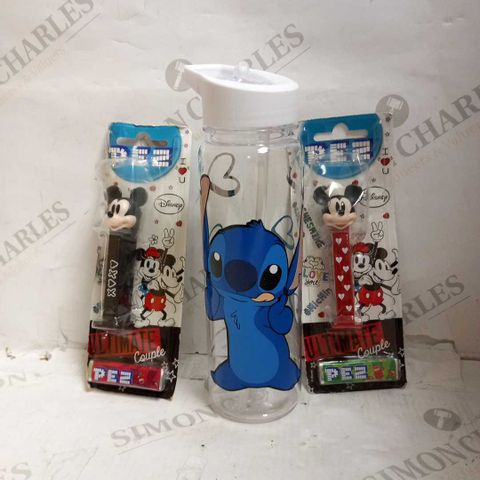 3 ASSORTED DISNEY PRODUCTS TO INCLUDE; STITCH WATER BOTTLE AND MINNIE AND MICKEY MOUSE PEZ DISPENSERS