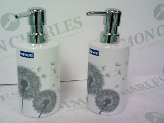 SET OF TWO WENKO ASTERA HIGH-GRADE CERAMIC REFILLABLE LIQUID SOAP DISPENSER DECORATED WITH WITH BEAUTIFUL DANDELIONS WITH A CHROME FINISHED PLASTIC PUMP.