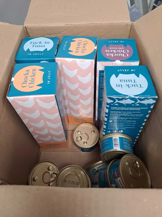 BOXED SEALED UNTAMED ASSORTED CATFOOD TO INCLUDE TINS AND BISCUITS