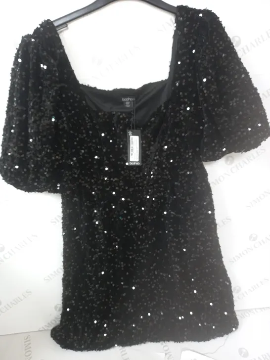 BOOHOO SEQUIN PUFF SLEEVE SQUARE NECK SMOCK PARTY DRESS - 12