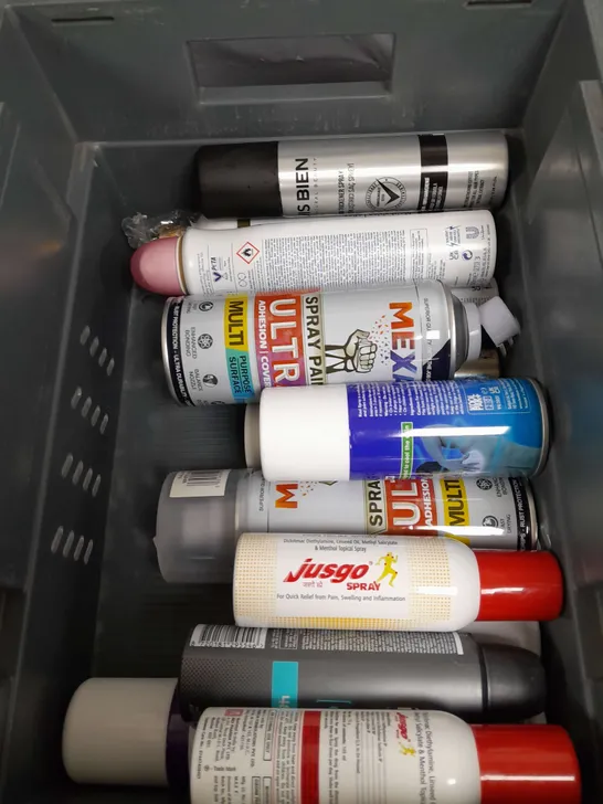 APPROXIMATELY 12 ASSORTED AEROSOLS TO INCLUDE LACOSTE BODY SPRAY , CAR PAINT , SPRAY PAINT , ETC 