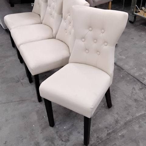 DESIGNER SET OF 4 CREAM FAUX LEATHER CHAIRS WITH SHAPED BACKS AND DARK WOOD LEGS