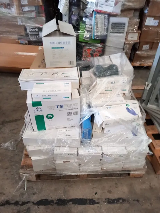 LARGE PALLET OF ASSORTED MEDICAL COSUMMABLES TO INCLUDE; EXAMINATION GLOVES, HEEL PADS AND MIDI SLIPPER PAN LINERS