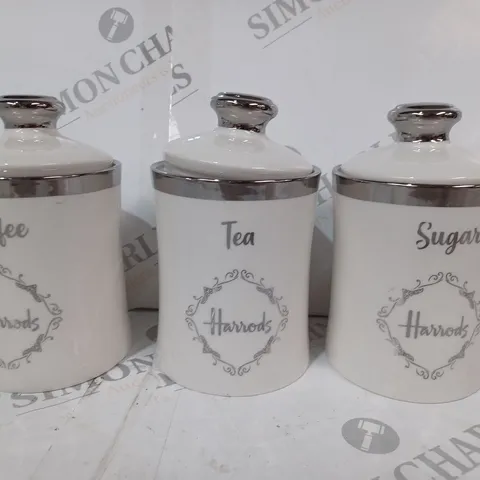 BOXED HARRODS 3 PIECE CERAMIC STORAGE JARS IN WHITE/SILVER EFFECT