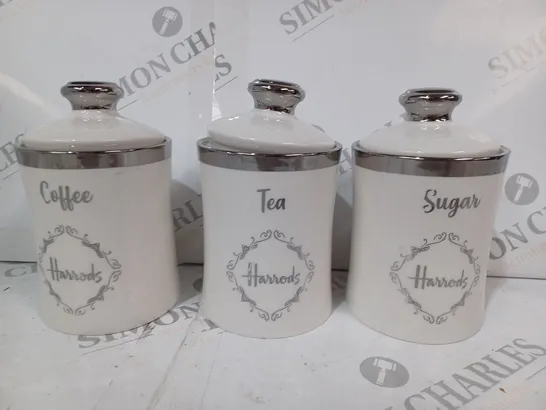 BOXED HARRODS 3 PIECE CERAMIC STORAGE JARS IN WHITE/SILVER EFFECT