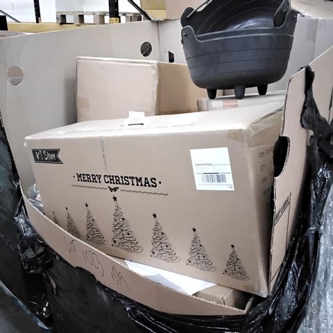 PALLET OF ASSORTED ITEMS INCLUDING CHRISTMAS TREES, LED RING LIGHTS, PLASTIC PLANTERS, MESH WASTE BIN,