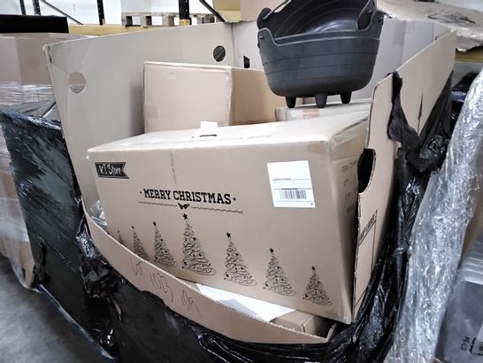 PALLET OF ASSORTED ITEMS INCLUDING CHRISTMAS TREES, LED RING LIGHTS, PLASTIC PLANTERS, MESH WASTE BIN,