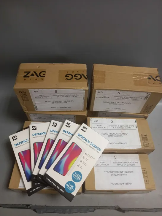 LARGE BOX OF APPROX 100 ZAAG DEFENCE PHONE SCREEN PROTECTORS AND CASES FOR IPHONE 5.4" 2020