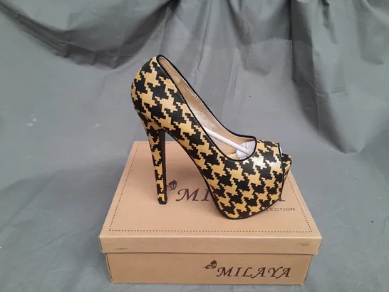 BOX OF APPROX 12 MILAYA GOLD & BLACK OPEN TOE HIGH HEELS IN VARIOUS SIZES