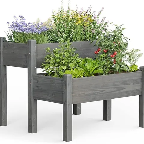 BOXED COSTWAY RAISED WOODEN GARDEN BED ELEVATED PLANTER BOX PLANT TERRARIUM WITH DRAIN HOLES - NATURAL