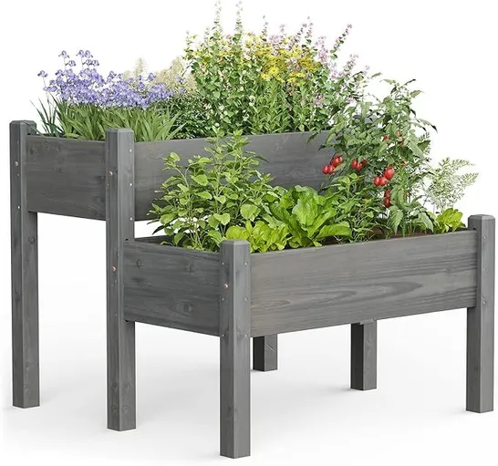 BOXED COSTWAY RAISED WOODEN GARDEN BED ELEVATED PLANTER BOX PLANT TERRARIUM WITH DRAIN HOLES - NATURAL