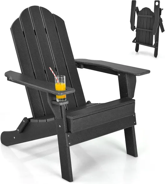 BOXED COSTWAY FOLDING GARDEN ADIRONDACK CHAIR WITH BUILT IN CUP HOLDER - BLACK