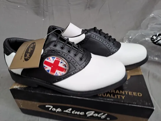 BOX OF APPROXIMATLY 12 BLACK AND WHITE TOP LINE GOLF SHOES IN VARIOUS SIZE 