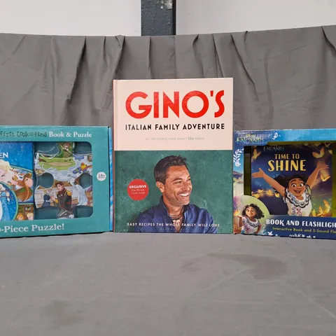 BOX OF APPROXIMATELY 10 ASSORTED BOOKS TO INCLUDE DISNEY FROZEN BOOK & PUZZLE, GINO'S ITALIAN FAMILY ADVENTURE, DISNEY ENCANTO BOOK & FLASHLIGHT SET, ETC