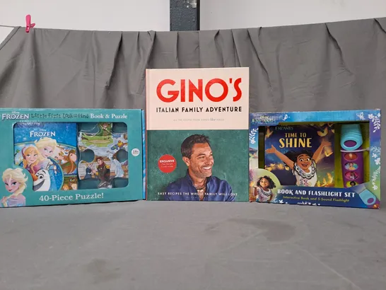 BOX OF APPROXIMATELY 10 ASSORTED BOOKS TO INCLUDE DISNEY FROZEN BOOK & PUZZLE, GINO'S ITALIAN FAMILY ADVENTURE, DISNEY ENCANTO BOOK & FLASHLIGHT SET, ETC